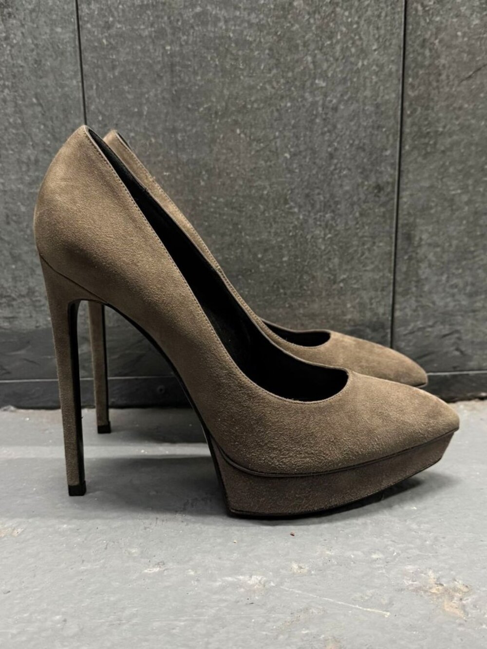 SAINT LAURENT JANIS Dark Grey Suede Leather Platform Stiletto Pumps Shoes 38.5 - Picture 3 of 9